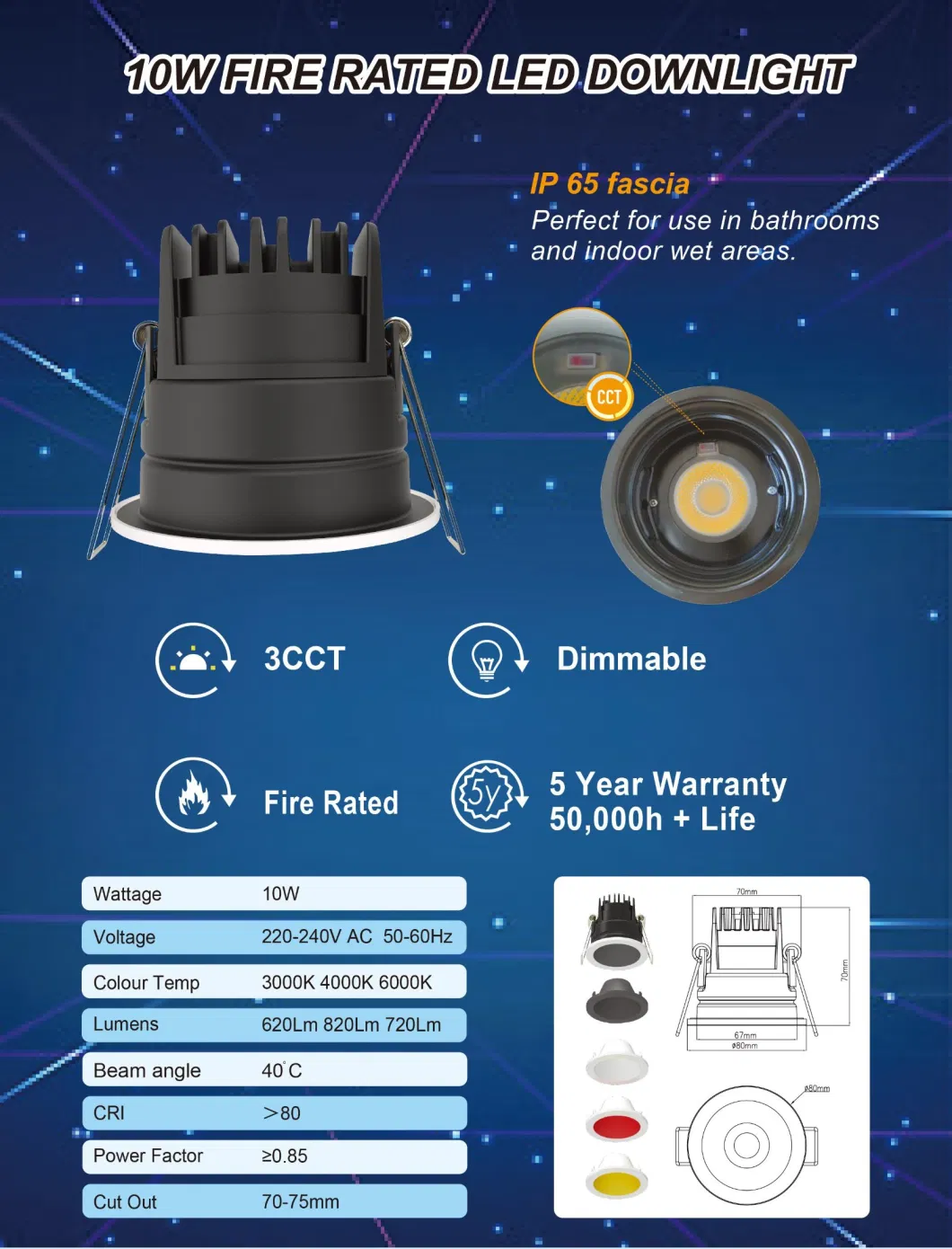 OEM 5W 6W 7W 8W 10W 3CCT Interior Dimmable Waterproof IP65 Firerated LED COB Spotlight LED Downlight